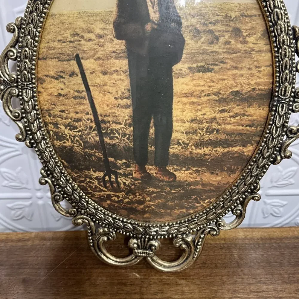 The Angelus By J F Millet Oval Metal Frame Convex Glass Farmer Praying Vtg